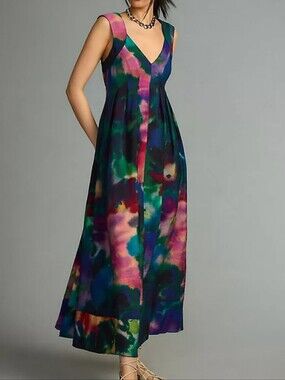 By Anthropologie Printed V-Neck Pleated A-Line Dress